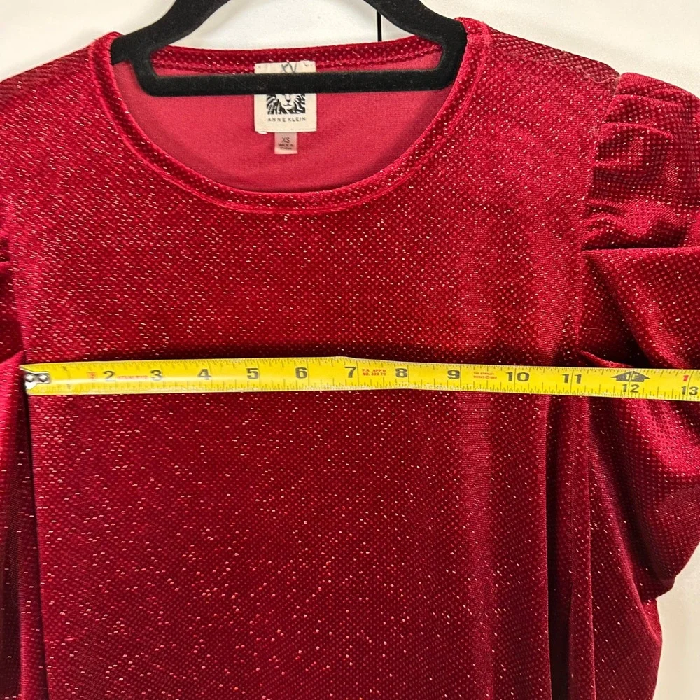 Anne Klein Womens XS Red Puff Sleeve Blouse Sparkle Holiday Party y2k‎